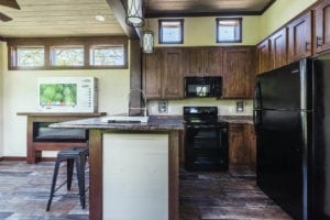 kitchen area in one of the tiny homes in Blue Ridge GA